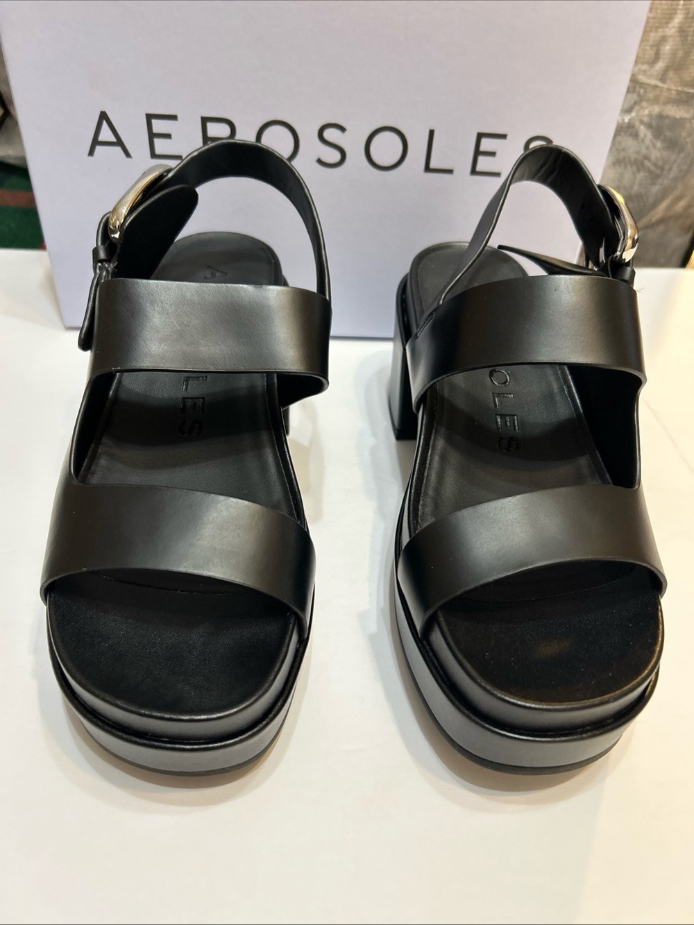 Aerosoles Clarkson Platform Sandals Black Leather Shoes Women’s Sz 8.5 M Preppy